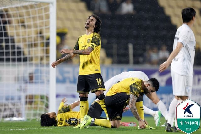 전남 발디비아(가운데)가 15일 광양축구전용구장에서 열린 부산과 홈경기에서 아쉬워하고 있다. 사진제공｜한국프로축구연맹