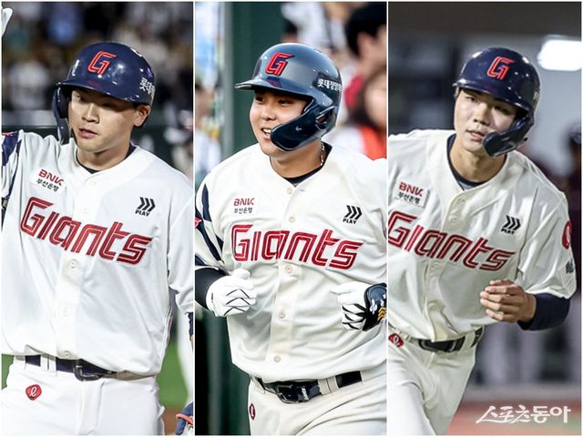 롯데가 박찬형, 박재엽, 한승현(왼쪽부터)을 비롯한 저연차 선수들의 활약을 앞세워 상승세를 이어가고 있다. 사진제공｜롯데 자이언츠