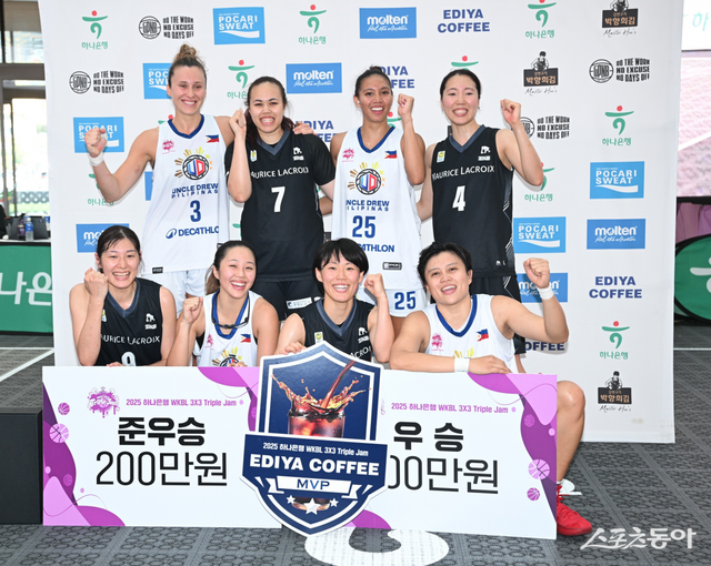 22일 막을 내린 ‘2025&nbsp;하나은행&nbsp;WKBL 3x3&nbsp;트리플잼’ 2차 대회에서 우승을 차지한 모리스 라크로와, 준우승을 차지한 엉클드류 선수들. 사진제공｜WKBL