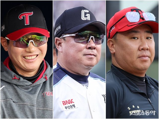 KBO리그를 대표하는 인기 구단 LG, 롯데, KIA가 프로야구 출범 이후 최초로 가을야구 동반 진출에 성공할지 주목된다. 지난해 KIA의 통합우승을 이끈 이범호 감독(오른쪽)과 왕좌를 되찾으려는 염경엽 LG 감독(왼쪽), 롯데의 8년 만의 가을야구를 이뤄내려는 김태형 감독 모두 더 높은 곳을 바라보고 있다. 스포츠동아DB·롯데 자이언츠·KIA 타이거즈 제공