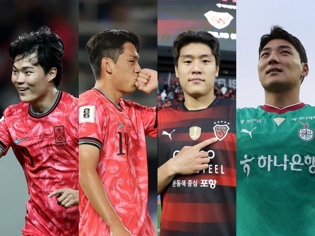 2026북중미월드컵의 대표팀 주전 스트라이커 자리를 두고 경쟁이 뜨겁다. 6월 대표팀 명단에 이름을 올린 오현규, 오세훈에 이어 올 시즌 K리그1에서 꾸준한 득점력을 뽐내는 이호재와 주민규(왼쪽부터)까지 경쟁 구도가 넓어졌다. 대한축구협회·한국프로축구연맹