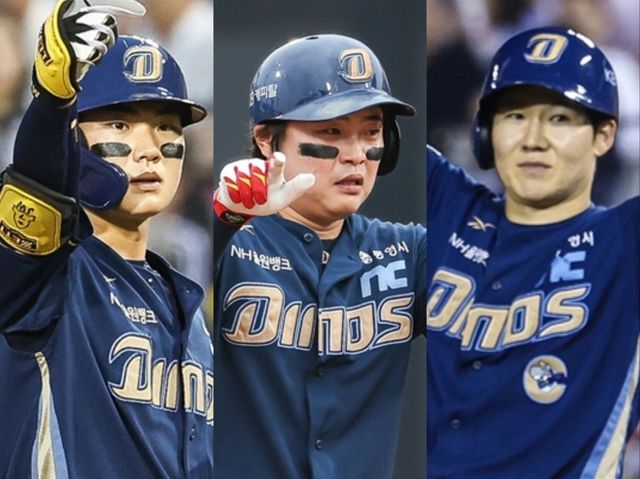 NC는 13일 창원 KIA전부터 김주원(왼쪽 첫 번째)을 리드오프로 배치했고, 그 변화의 효과를 봐 권희동(가운데)와 박민우도 동시에 살아나고 있다. 사진제공｜NC 다이노스