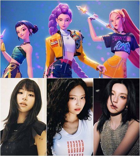 넷플릭스 ‘케이팝 데몬 헌터스’ 헌트릭스 스틸과 트와이스 채영, 블랙핑크 제니, 있지 예지, 사진제공｜넷플릭스·JYP엔터테인먼트·OA엔터테인먼트