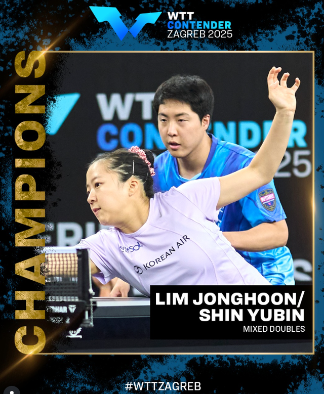 탁구국가대표팀 임종훈(뒤)-신유빈이 29일(한국시간) 크로아티아 아레나 자그레브에서 열린 WTT 컨텐더 자그레브 대회 마지막 날 혼합복식 결승에서 황유정-천이에 게임스코어 3-0 완승을 거둬 금메달을 목에 걸었다. 2대회 연속 금메달이다. 사진출처│WTT 인스타그램