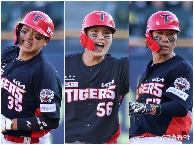 KIA 김석환, 오선우, 고종욱(왼쪽부터)이 29일 잠실구장에서 열린 LG와 원정경기에 출전해 팀의 12-2 승리에 힘을 보탰다. KIA는 이날 승리로 6월 월간 승률 1위를 확정했다. 사진제공｜KIA 타이거즈