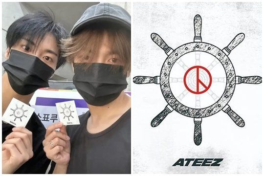 케이(K) 아이돌은 투표 독려로 ‘애국’에도 앞장 선다.&nbsp;그 방식도 진화하고 있다. 숙소나 기획사 인근 투표소 앞에서 투표 완료 후 기념 촬영을 갖는 일명 ‘투표 인증샷’에 이어 이번엔 ‘투표 인증 용지’를 제작해 팬덤에 배포하는 신(新) 문화 전파에 나섰다. 사진은 그룹 에이티즈가 내놓은 투표 인증 용지(오른쪽)와 이를 직접 인증한 멤버들 사진제공｜KQ엔터테인먼트