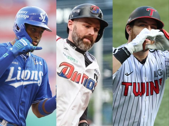 지난해 홈런왕 NC 맷 데이비슨(가운데)이 6월 들어 거포 능력을 되찾아 삼성 르윈 디아즈(왼쪽)와 LG 오스틴 딘이 앞서가고 있는 홈런 레이스에 본격 뛰어들었다. 이들의 경쟁은 지금부터가 진짜다. 사진제공｜삼성 라이온즈·NC 다이노스·LG 트윈스