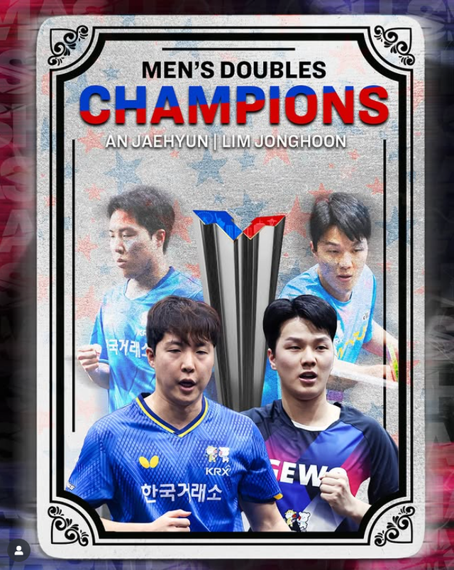 탁구국가대표팀 임종훈(왼쪽)-안재현이 13일(한국시간) 미국 네바다 주 라스베이거스의 올리언스아레나에서 벌어진 WTT 미국 스매시 대회 10일째 남자복식 결승에서 알렉시스 르브런-펠릭스 르브런을 게임스코어 3-1로 꺾고 금메달을 목에 걸었다. 대표팀은 이번 대회를 금1·은1·동1로 마쳤다. 사진출처│WTT 인스타그램