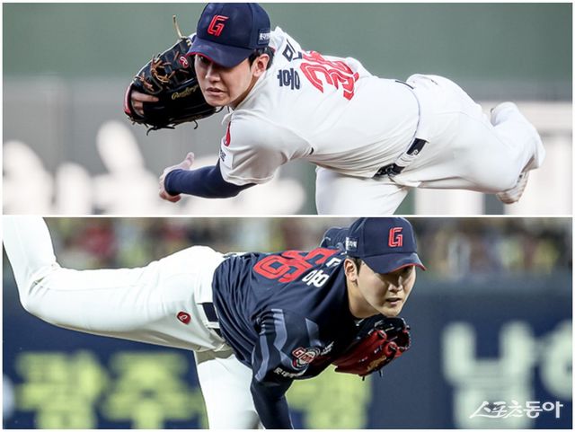 롯데 좌완 홍민기(위)와 우완 최준용이 힘차게 공을 던지고 있다. 사진제공｜롯데 자이언츠