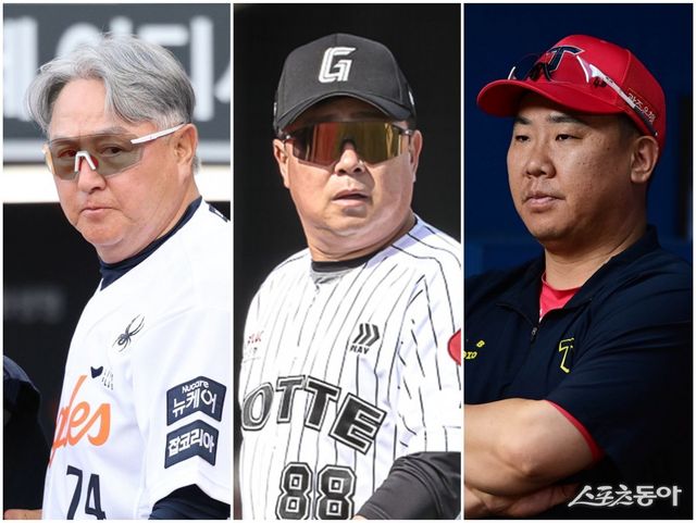 한화, 롯데, KIA의 쫓고 쫓기는 싸움이 흥미롭게 전개되고 있다. 김경문 한화 감독, 김태형 롯데 감독, 이범호 KIA 감독(왼쪽부터)이 후반기에는 먹이사슬 관계를 뒤바꿀 수 있을지 주목된다. 사진제공｜한화 이글스·롯데 자이언츠·KIA 타이거즈