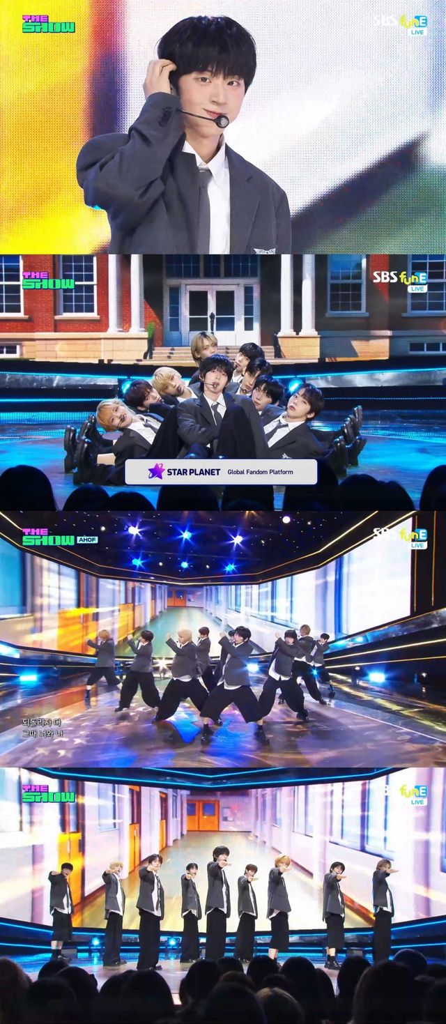 아홉(AHOF)이 ‘더쇼’ 무대에서 아련한 스쿨룩 퍼포먼스로 청춘의 감정을 진심 어린 무대로 풀어냈다. 사진제공 | SBS funE ‘더쇼’ 방송 캡처