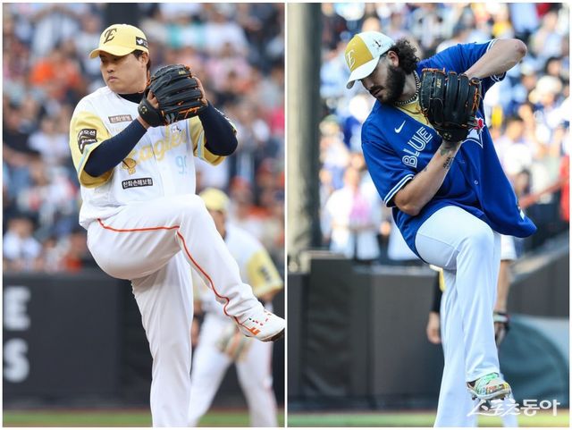 한화 외국인투수 코디 폰세(오른쪽)가 12일 대전한화생명볼파크에서 열린 ‘2025 신한 SOL 뱅크 KBO 올스타전’에서 나눔 올스타 선발투수로 등판해 류현진의 투구폼을 따라하고 있다. 사진제공｜한화 이글스