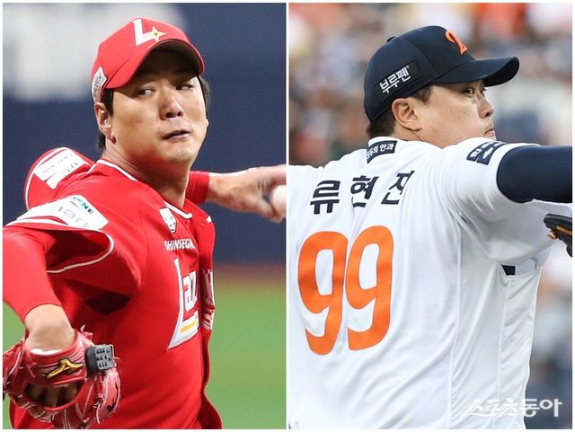 한화 류현진(오른쪽)이 한국야구의 황금기를 함께 이끈 좌완 에이스 SSG 김광현과 통산 첫 선발 맞대결을 펼칠지 주목된다. 사진제공｜SSG 랜더스·한화 이글스