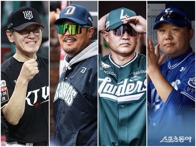 5위부터 8위까지 4개 팀이 1경기 차 안에 몰려있다. 22일부터 3일간 창원(KT-NC), 대구(SSG-삼성)에서 펼쳐질 주중 3연전으로 순위표가 다시 한번 요동칠 전망이다. 이강철 KT 감독, 이호준 NC 감독, 이숭용 SSG 감독, 박진만 삼성 감독(왼쪽부터). 사진제공｜KT 위즈·NC 다이노스·SSG 랜더스·삼성 라이온즈