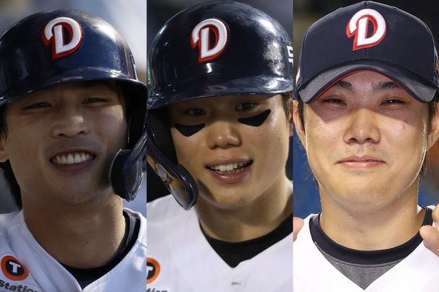 두산 내야를 이끌어갈 이유찬-오명진-박준순(왼쪽부터). 이들의 성장기에 조성환 감독은 크게 만족하고 있다. 사진제공｜두산 베어스