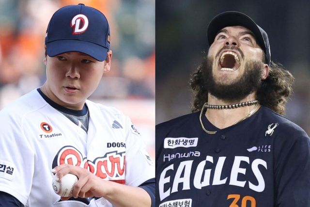 두산 최승용(왼쪽)과 한화 폰세는 24일 잠실구장에서 치열한 투수전을 펼쳤다. 사진제공｜두산 베어스, 한화이글스