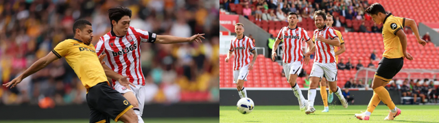 스토크시티 배준호(왼쪽사진 오른쪽)와 울버햄턴 황희찬(오른쪽사진 오른쪽 끝)이 27일(한국시간) 영국 스토크온트렌트의 베트365스타디움에서 끝난 프리시즌 맞대결에서 나란히 골을 터트렸다. 배준호가 전반 44분 감각적인 힐킥으로 선제골을 넣자, 황희찬이 후반 30분 자신의 PK가 골키퍼를 맞고 나온 것을 재차 차넣어 동점을 만들었다. 사진출처│울버햄턴 공식 홈페이지