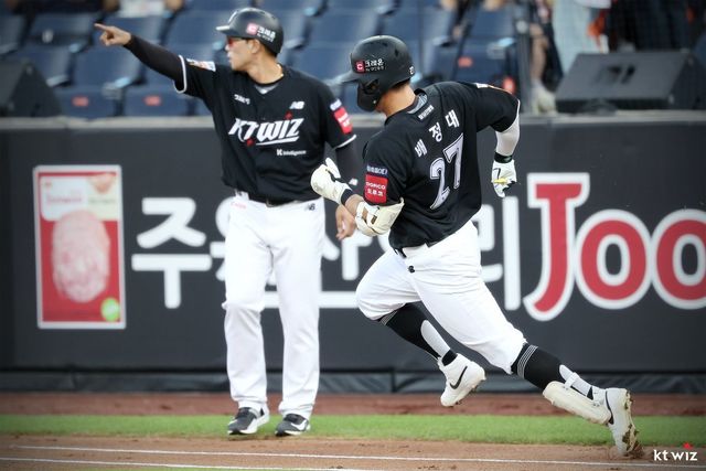 KT 배정대(오른쪽)는 31일 왼쪽 발목 인대 부상으로 1군 엔트리에서 빠졌다. 그는 회복까지 1달이 걸릴 전망이다. 사진제공｜KT 위즈