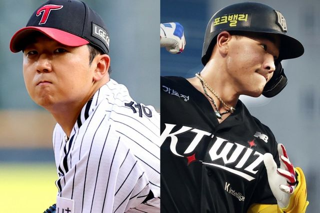 LG 송승기(왼쪽)와 KT 안현민은 31일 잠실구장에서 생애 첫 맞대결을 펼쳤다. 둘의 승부는 3타수 1안타로 마무리됐다. 사진제공｜LG 트윈스·KT 위즈