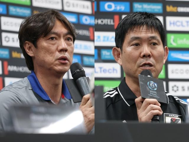 홍명보 축구대표팀 감독(왼쪽)과 모리야스 하지메 일본 감독이 6일 용인미르스타디움에서 열린 기자회견에서 서로를 존중했다. 홍 감독은 지난달 26일 모리야스 감독과 대담을 돌아보며 “한국과 일본 축구의 과거와 미래를 공유할 수 있던 좋은 시간”이라고 돌아봤고, 모리야스 감독은 “홍 감독과 나는 라이벌이었지만, 이제 동료처럼 느껴진다”고 밝혔다. 사진제공｜대한축구협회