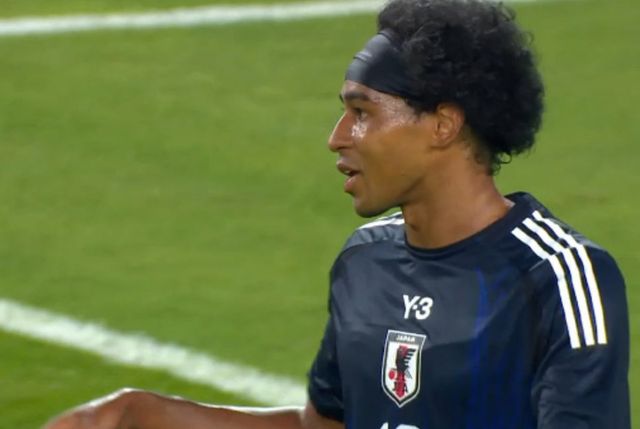 일본 공격수 저메인 료가 8일 용인미르스타디움에서 열린 홍콩과 E-1 챔피언십 1차전에서 선제골을 넣은 뒤 덤덤한 표정을 짓고 있다. 미국계 일본인 공격수 저메인은 전반전에만 네 골을 몰아쳤다. 사진출처｜JFA 페이스북