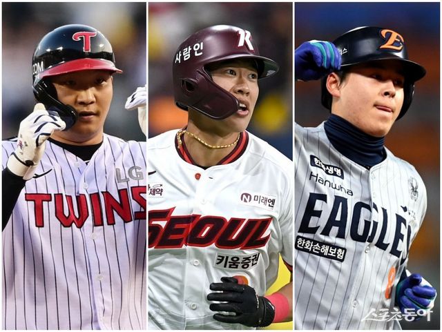 지난 시즌 ‘춘추전국시대’를 방불케 한 3루수 경쟁 구도가 올 시즌에는 LG 문보경, 키움 송성문, 한화 노시환(왼쪽부터)의 3파전으로 압축된 분위기다. 스포츠동아DB
