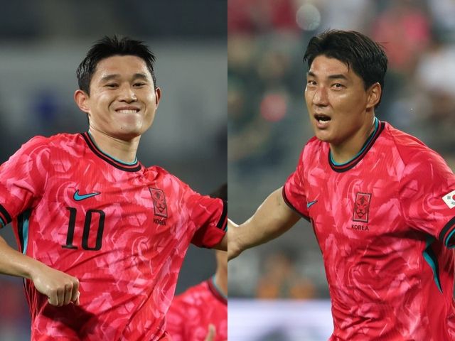 축구국가대표팀 미드필더 이동경(왼쪽)과 공격수 주민규는 7일 용인미르스타디움에서 열린 중국과 E-1 챔피언십 1차전에서 나란히 득점했지만, 결코 만족하지 않는다. 내년 월드컵 출전을 위해서라면 지금부터 활약이 중요하다는 마음가짐 때문이다. 사진제공｜대한축구협회