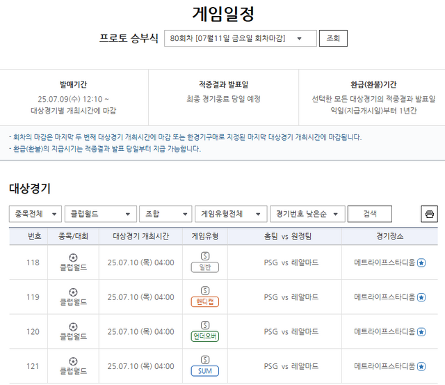 프로토 승부식 80회차 2025 FIFA 클럽월드컵 PSG(홈)-레알마드리드(원정)전 대상 경기.