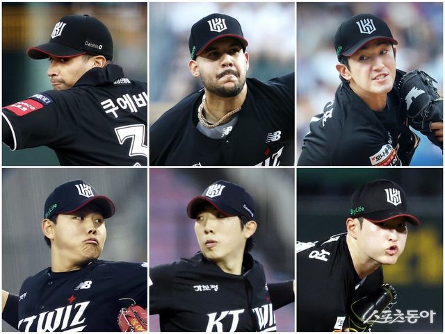 KT 윌리엄 쿠에바스, 엔마누엘 데 헤이수스, 고영표, 소형준, 오원석, 배제성(왼쪽 위부터 시계 방향). 사진제공｜KT 위즈