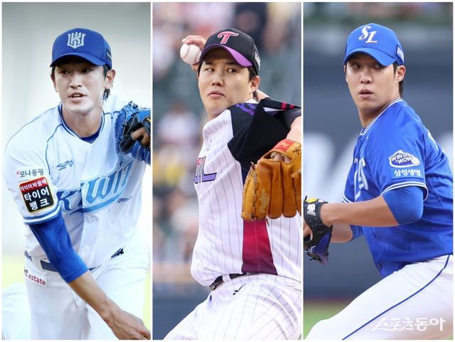 KT 고영표, LG 임찬규, 삼성 원태인(왼쪽부터)이 국내 최고의 선발 자리를 놓고 치열한 경합을 벌이고 있다. 임찬규는 WAR, 원태인은 K/BB, 고영표는 QS 부문에서 1위를 달리고 있다. 사진제공｜KT 위즈·LG 트윈스·삼성 라이온즈