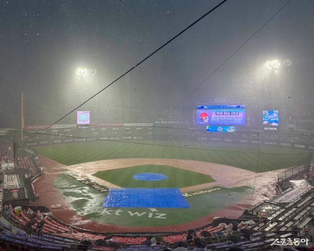 13일 LG와 KT의 팀간 12차전이 열릴 예정이던 수원KT위즈파크에 폭우가 내리고 있다. 수원｜김현세 기자 kkachi@donga.com