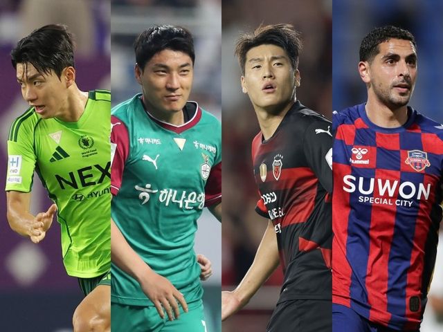 전북 전진우가 12골에서 전진을 멈추자 득점왕 경쟁이 한층 치열해졌다. 대전하나 주민규가 11골로 따라붙은 가운데 포항 이호재, 수원FC 싸박(왼쪽부터)이 10골로 공동 3위를 형성했다. 사진제공｜한국프로축구연맹