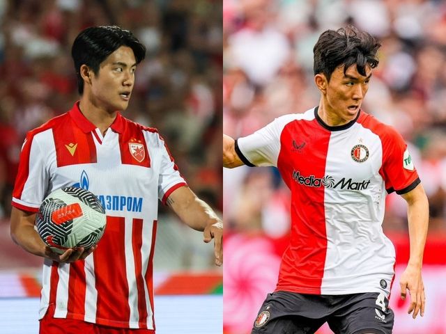 즈베즈다 설영우(왼쪽)는 13일(한국시간) 레흐 포즈난과 UCL 3차예선 2차전 홈경기에서 풀타임을 소화해 팀의 UCL PO 진출에 힘을 보탰다. 하지만 황인범은 같은 날 페네르바체와 원정경기에서 어시스트를 기록했음에도 팀의 UCL행 도전을 멈춰야 했다. 사진출처｜츠르베나 즈베즈다·페예노르트 페이스북