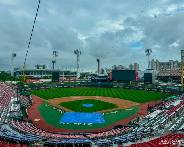 14일 LG와 KT의 팀간 12차전이 열릴 예정이던 수원KT위즈파크의 내야 곳곳에 큰 물웅덩이가 적잖이 생겼다. 수원｜김현세 기자 kkachi@donga.com