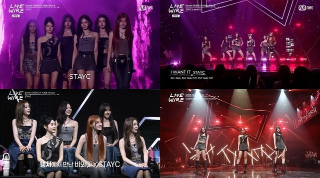 스테이씨가 ‘라이브 와이어’에서 비와이와 특별한 군악대 인연을 공개하며 유쾌한 토크와 완성도 높은 무대로 팬심을 사로잡았다. 사진제공|Mnet ‘라이브 와이어’ 방송 캡처
