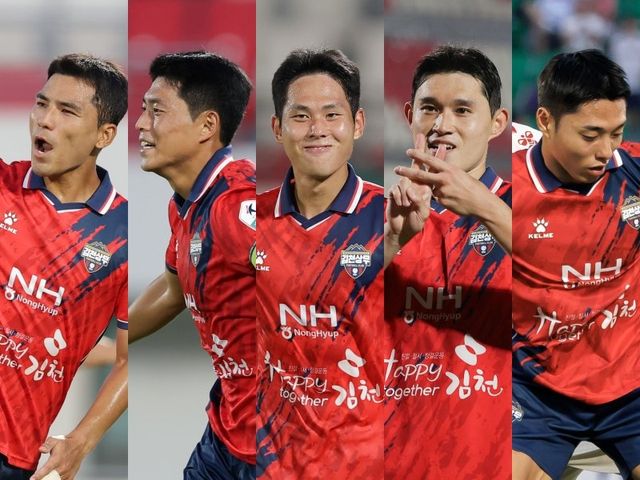 김천 병장들의 활약이 빛났다. 17일 서울과 홈경기에서 10월 전역 예정인 ‘김천 9기’ 원기종, 김승섭, 맹성웅, 이동경, 이동준(왼쪽부터)이 나란히 골을 터트리며 6-2 승리를 이끌었다. 사진제공｜한국프로축구연맹