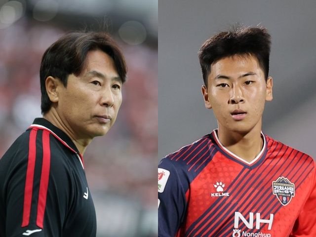 김기동 서울 감독(왼쪽)은&nbsp;17일 김천과 원정경기를 앞두고 상대팀&nbsp;벤치에 이름을 올린 아들 김준호를 두고 진심 어린 속내를 전했다. 김 감독은 “한 달 전쯤 힘들어하더라. 그래서 장문의 메시지를 보냈다. 자신감을 되찾았으면 한다”고 밝혔다. 사진제공｜한국프로축구연맹