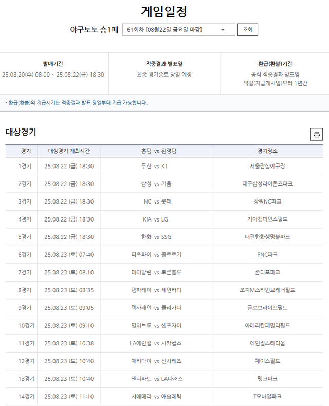 야구토토 승1패 61회차 대상경기.
