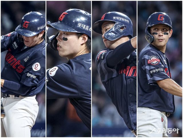 2017년 이후 8년 만의 가을야구 진출을 노리는 롯데에는 지난해 주축 선수로 발돋움한 나승엽, 고승민, 손호영, 황성빈(왼쪽부터)과 퓨처스(2군)리그에서 재정비 중인 간판 윤동희의 활약이 중요하다. 사진제공｜롯데 자이언츠