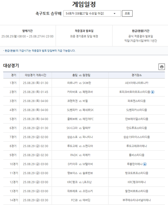 축구토토 승무패 54회차 대상경기.