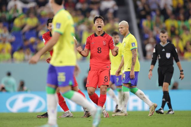 축구국가대표팀 미드필더 백승호(8번)가 2022년 12월 5일 도하의 스타디움974에서 열린 브라질과 카타르월드컵 16강전에서 통렬한 중거리포로 만회골을 터트린 뒤 환호하고 있다. 그는 9월 미국 원정 A매치에 나설 대표팀에 복귀하면서 생애 2번째 월드컵 본선 출전의 꿈을 다시 키우게 됐다. 사진제공｜대한축구협회