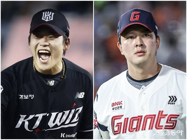 KT 박영현(왼쪽)과 롯데 김원중의 세이브 부문 선두 경쟁이 점입가경이다. 둘은 올 시즌 역전과 재역전을 거듭하며 치열한 경쟁을 벌이고 있다. 사진제공｜KT 위즈·롯데 자이언츠