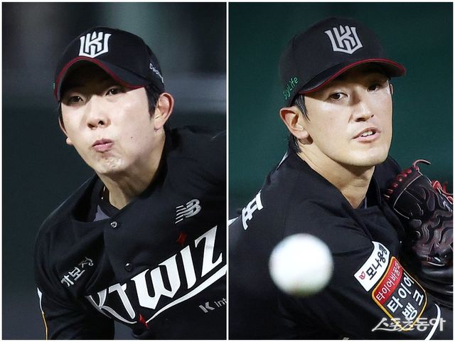 KT 오원석(왼쪽), 고영표가 26, 27일 사직구장에서 열린 롯데와 원정경기에 선발등판해 역투하고 있다. 이들 2명은 올 시즌 10승을 달성하고도 구종 연마와 투구 밸런스 유지를 위해 꾸준히 노력하고 있다. 사진제공｜KT 위즈