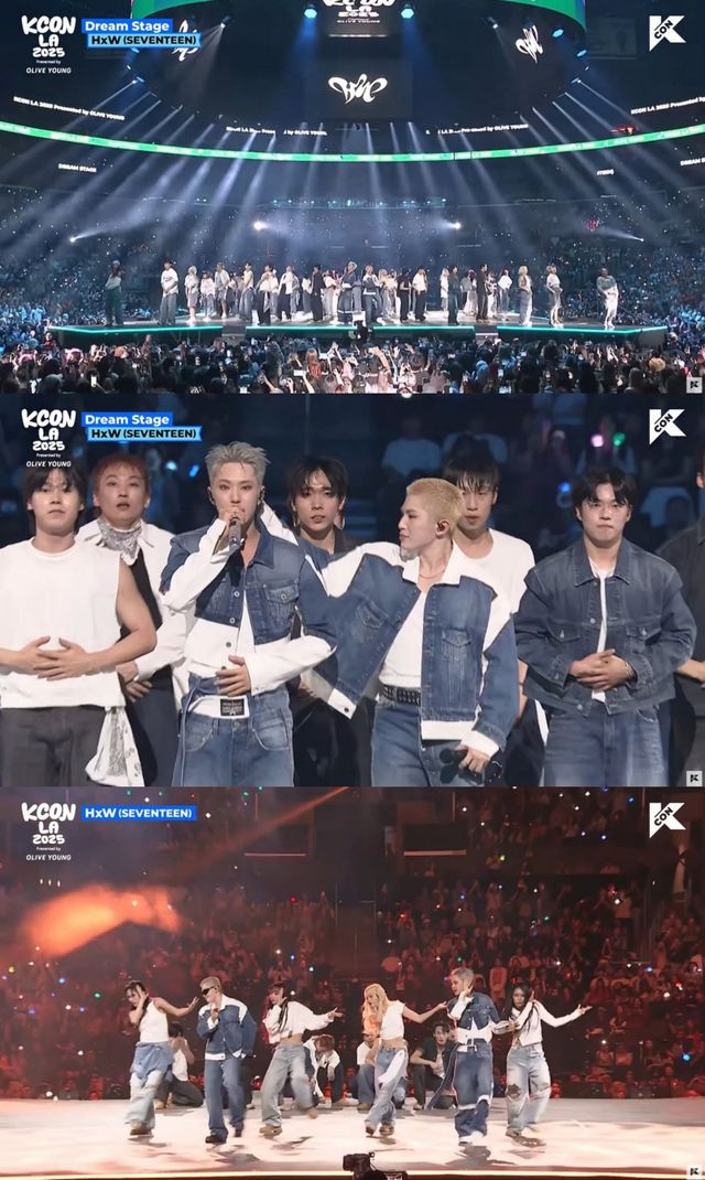 세븐틴 스페셜 유닛 호시X우지가 ‘KCON LA 2025’에서 환상 호흡과 폭발적인 에너지로 LA 팬심을 뜨겁게 달궜다.방송 최초로 ‘ECHO!’ 퍼포먼스를 공개하고, 팬들과 함께한 ‘드림 스테이지’로 현장을 열광시켰다. 사진제공|‘KCON LA 2025’ 생중계 화면 캡처
