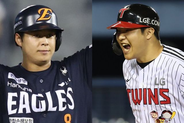 한화 노시환(왼쪽)과 LG 문보경은 미래 대표팀 4번타자로 불릴 만큼 많은 기대를 받고 있다. 이들은 현재 국내타자 중 유이하게 20홈런을 달성했다. 사진제공｜한화 이글스, LG 트윈스