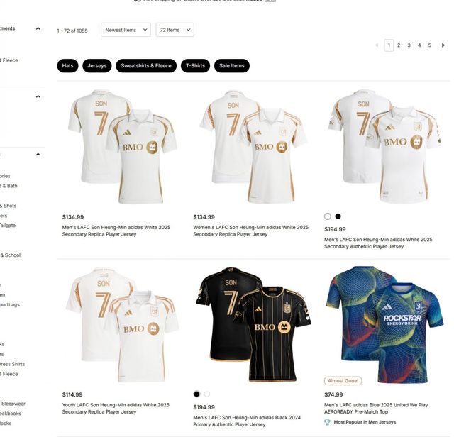 LAFC도 손흥민의 영입을 공식화하기 무섭게 자체 온라인 쇼핑몰을 통해 손흥민의 유니폼을 본격적으로 판매하기 시작했다. 사진캡처｜LAFC 홈페이지