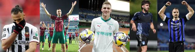9월 A매치 휴식기동안 자국대표팀에 차출된 K리그1 외국인 선수들이 적지 않다. 서울 야잔, 대전하나 안톤과 구텍, 울산 라카바는 저마다 다른 대표팀내 입지로 눈길을 모은다. 휴식기에도 리그가 진행되는 K리그2에서도 인천 무고사가 대표팀에 차출됐다(왼쪽부터). 사진출처│한국프로축구연맹