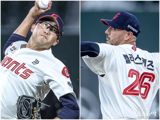 롯데가 선발투수들의 난조로 골머리를 앓고 있다. 개인 6연패에 빠진 박세웅(왼쪽)과 이적 후 단 1승밖에 거두지 못한 외국인투수 빈스 벨라스케즈의 부진이 가장 큰 고민이다. 사진제공｜롯데 자이언츠