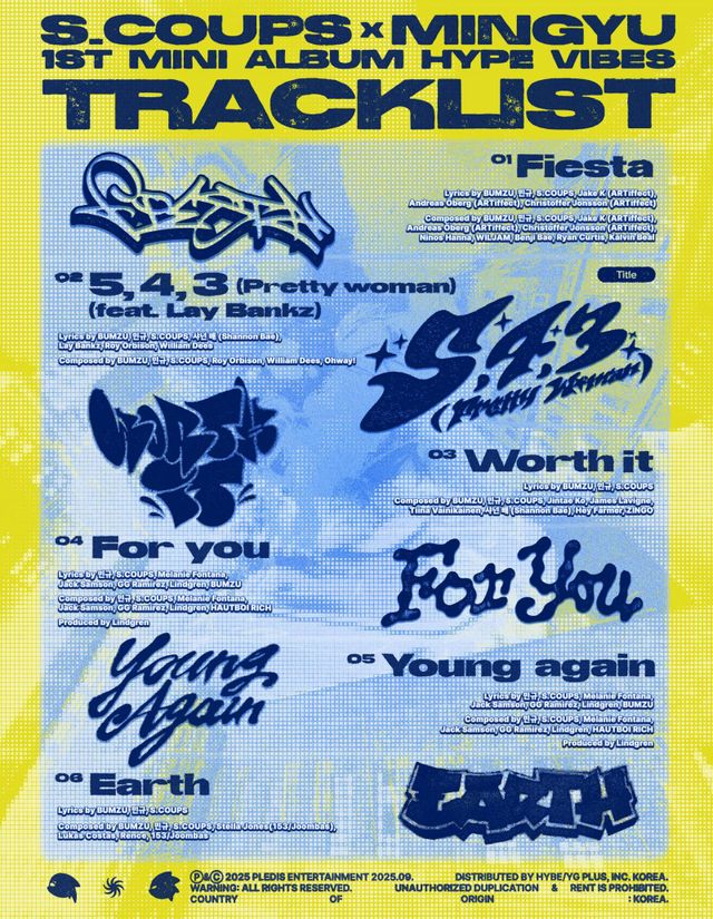 세븐틴 스페셜 유닛 에스쿱스X민규가 미니 1집 ‘HYPE VIBES’를 29일 발매한다. 타이틀곡 ‘5, 4, 3 (Pretty woman)’에는 미국 힙합 아티스트 레이 뱅크즈가 피처링으로 참여해 글로벌 시너지가 기대된다. 사진제공|플레디스 엔터테인먼트