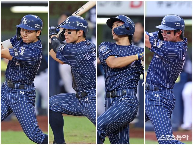 삼성은 17일 열린 ‘2026 KBO 신인 드래프트’에서 11명 중 9명을 투수로 선택했다. 박진만 삼성 감독과 함께 성장한 김지찬, 김성윤, 이재현, 김영웅(왼쪽부터) 등 20대 초중반의 야수들이 정상급 선수로 발돋움한 영향이 크다. 사진제공｜삼성 라이온즈